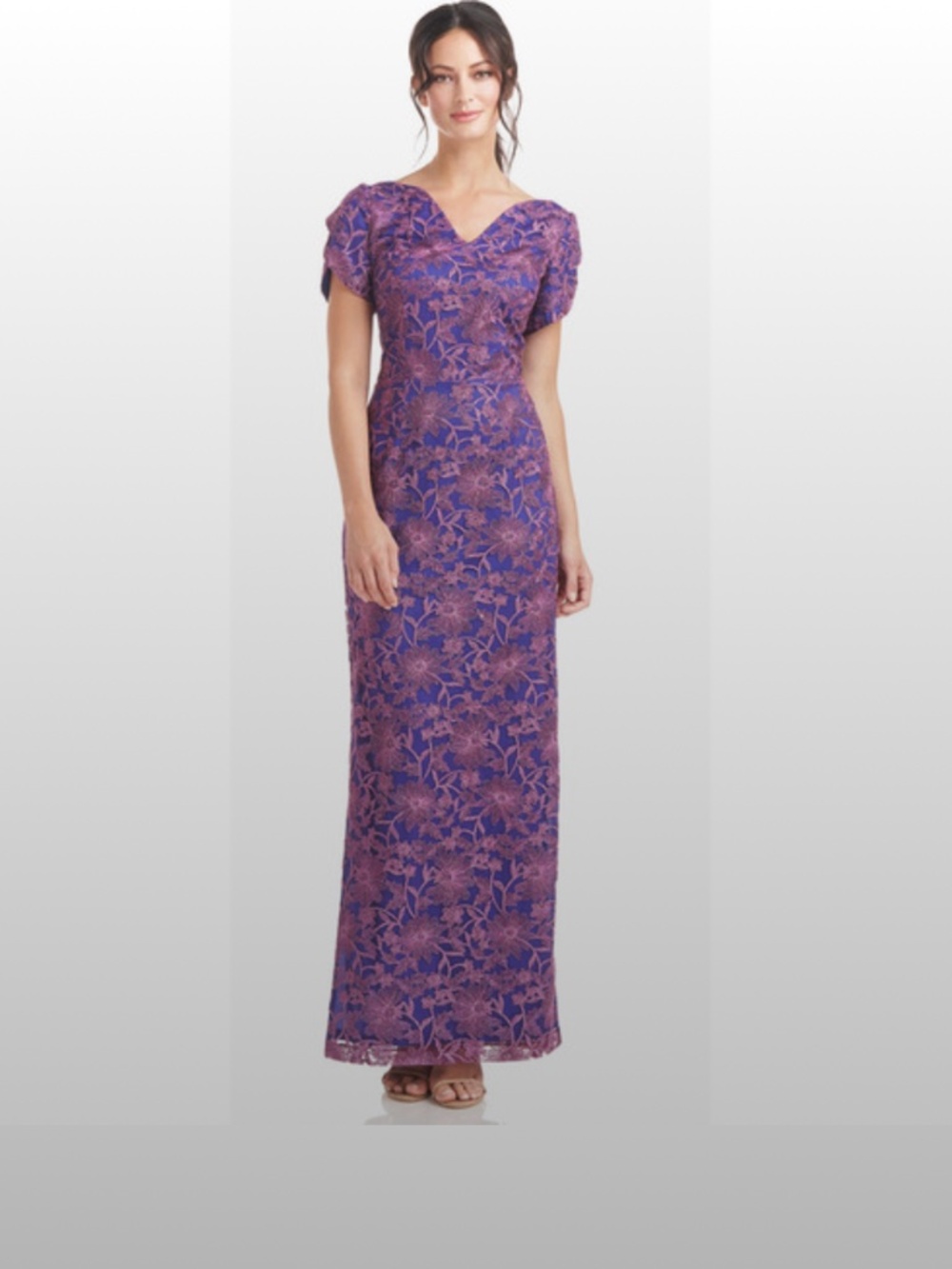 JS Collections Beth Embroidered Mesh Purple Blue Column Formal Dress 6